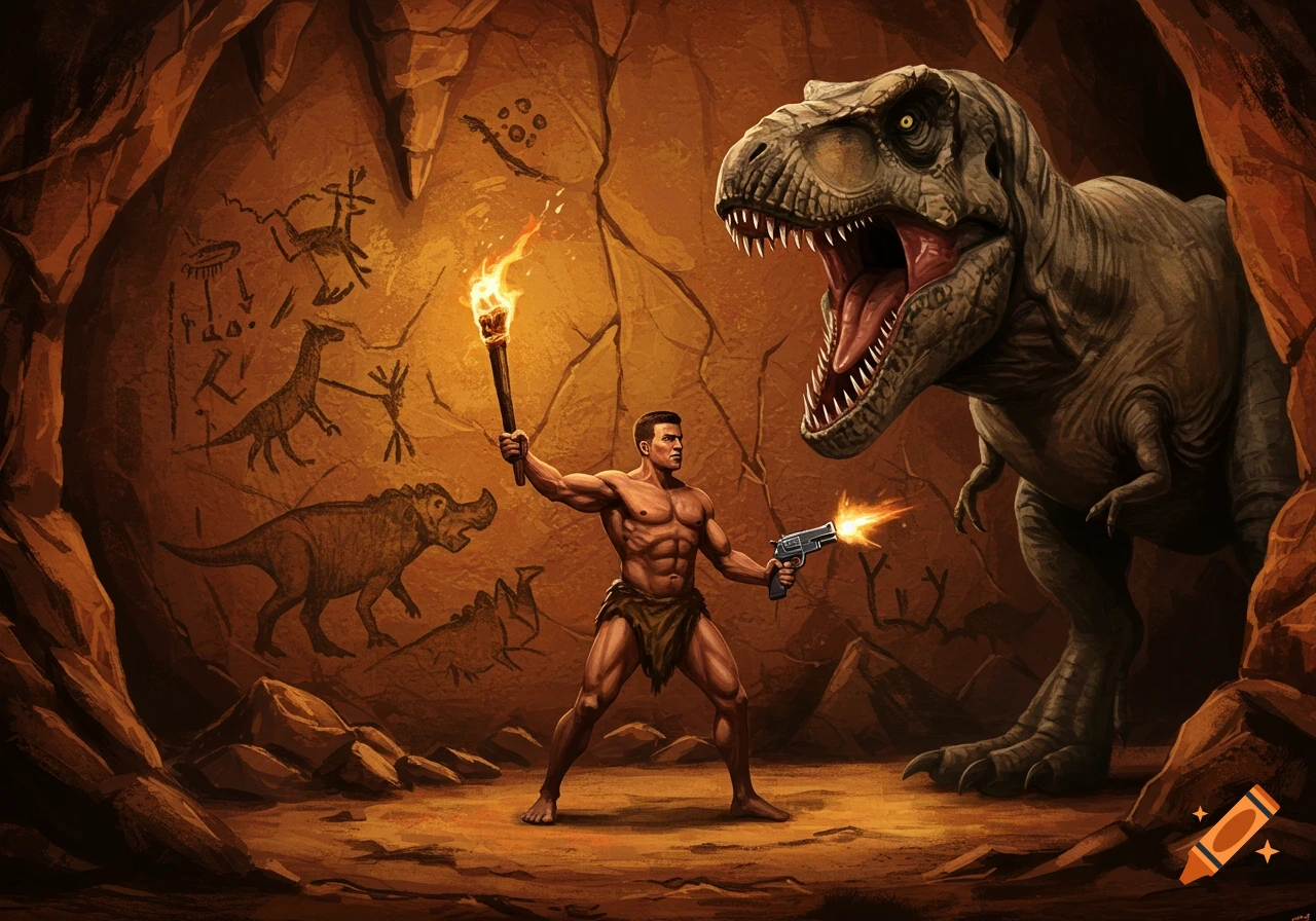 A muscular caveman with a torch fires a handgun at a roaring T-Rex inside a cave with ancient cave paintings, illustration.