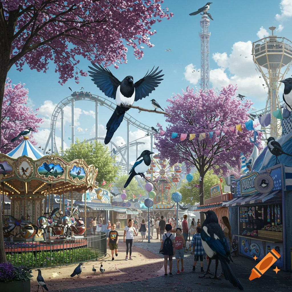A photorealistic theme park scene with numerous magpies, cherry blossom trees, rides, and people enjoying the sunny day.