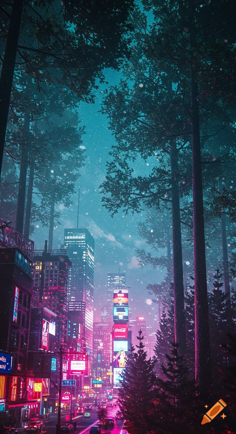 A neon-lit cyberpunk city street at night, with towering skyscrapers ...