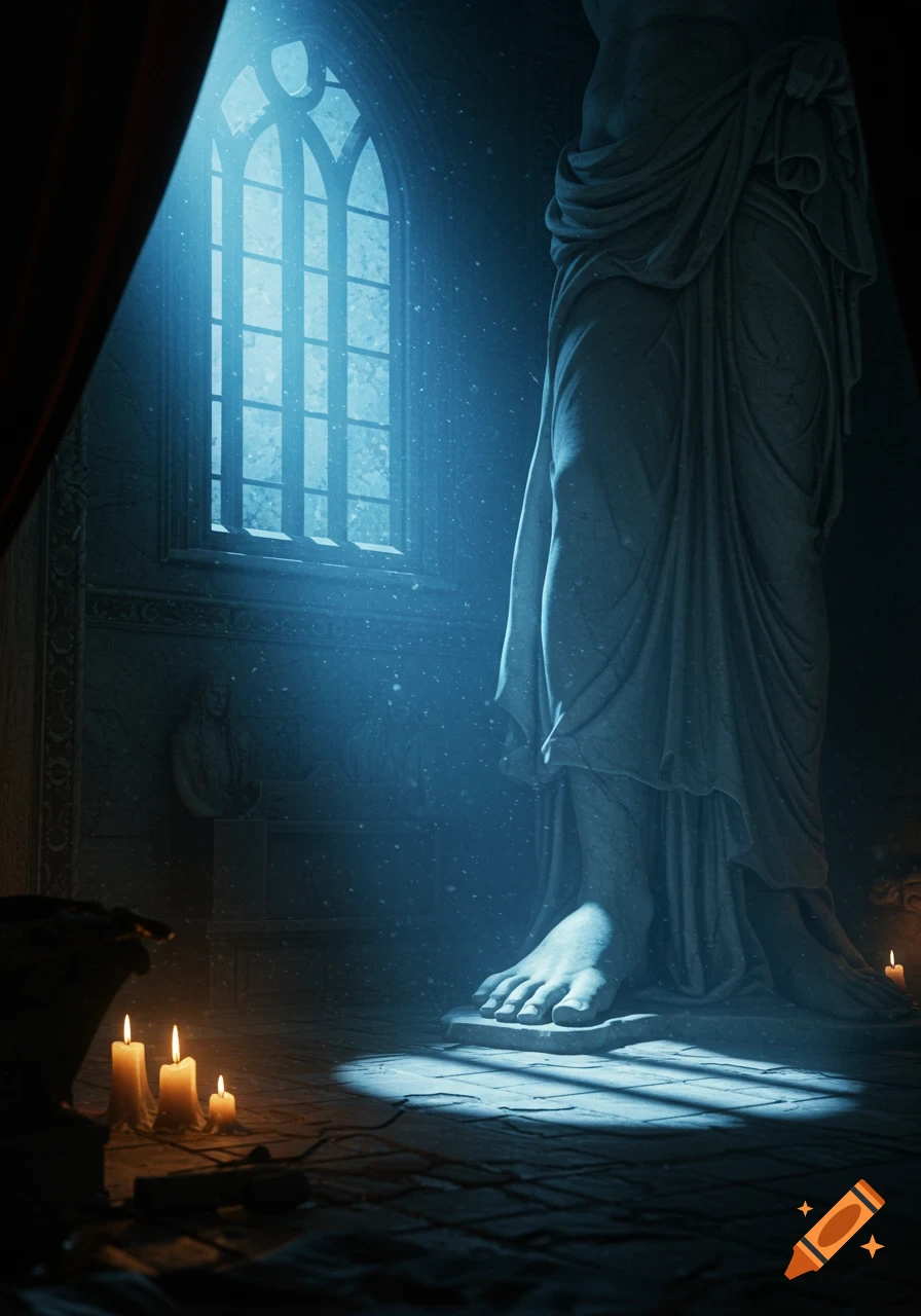 A dimly lit gothic room with a large draped statue, illuminated by moonlight through a tall window and three lit candles.
