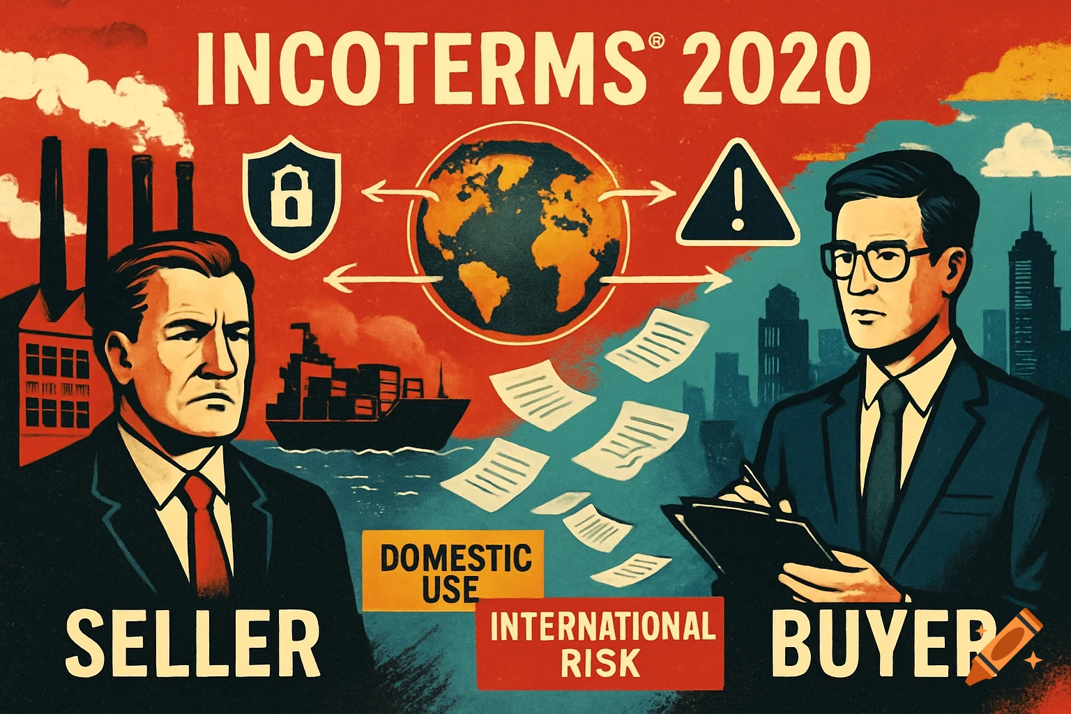 Retro-style poster illustrating Incoterms 2020 with a seller, buyer, factory, ship, and globe, detailing domestic use and international risk.