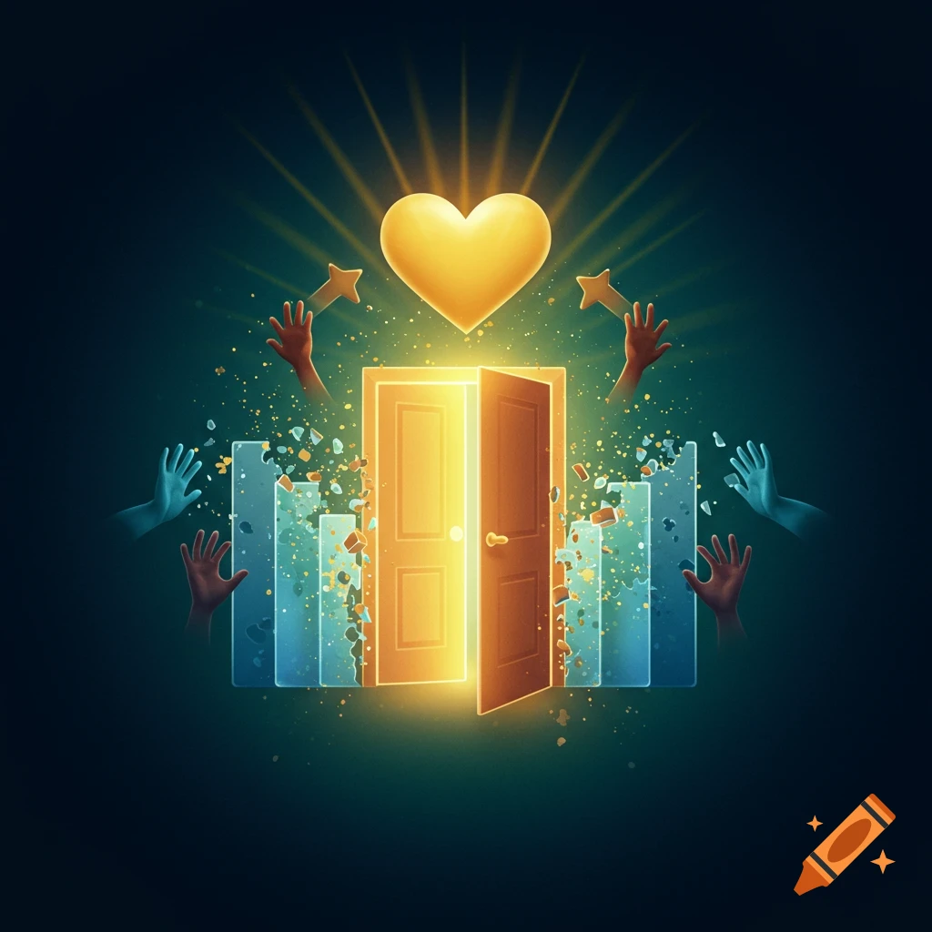 A glowing golden heart above a bright open door breaking light blue barriers, with hands reaching towards it.