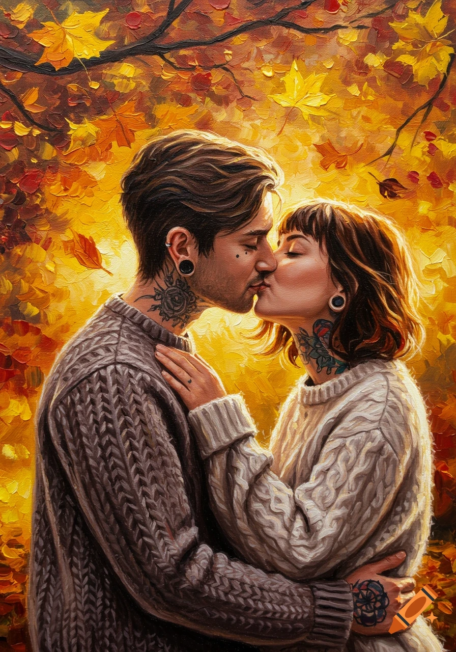 An oil painting of a tattooed, pierced couple in sweaters kissing amidst vibrant autumn leaves.