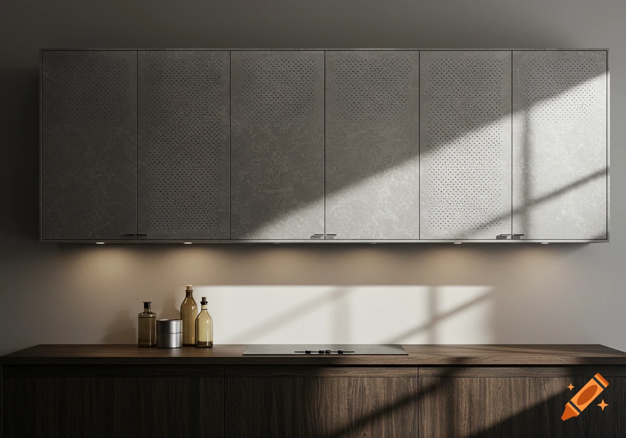 A modern kitchen with gray perforated upper cabinets and dark wood lower cabinets, countertop with bottles and a stovetop, bathed in natural light.