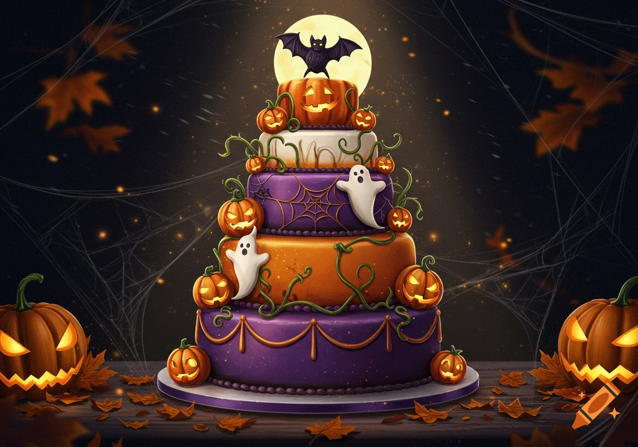 A multi-tiered Halloween cake decorated with glowing jack-o'-lanterns, white ghosts, spiderwebs, and a bat silhouette against a full moon on a dark background.