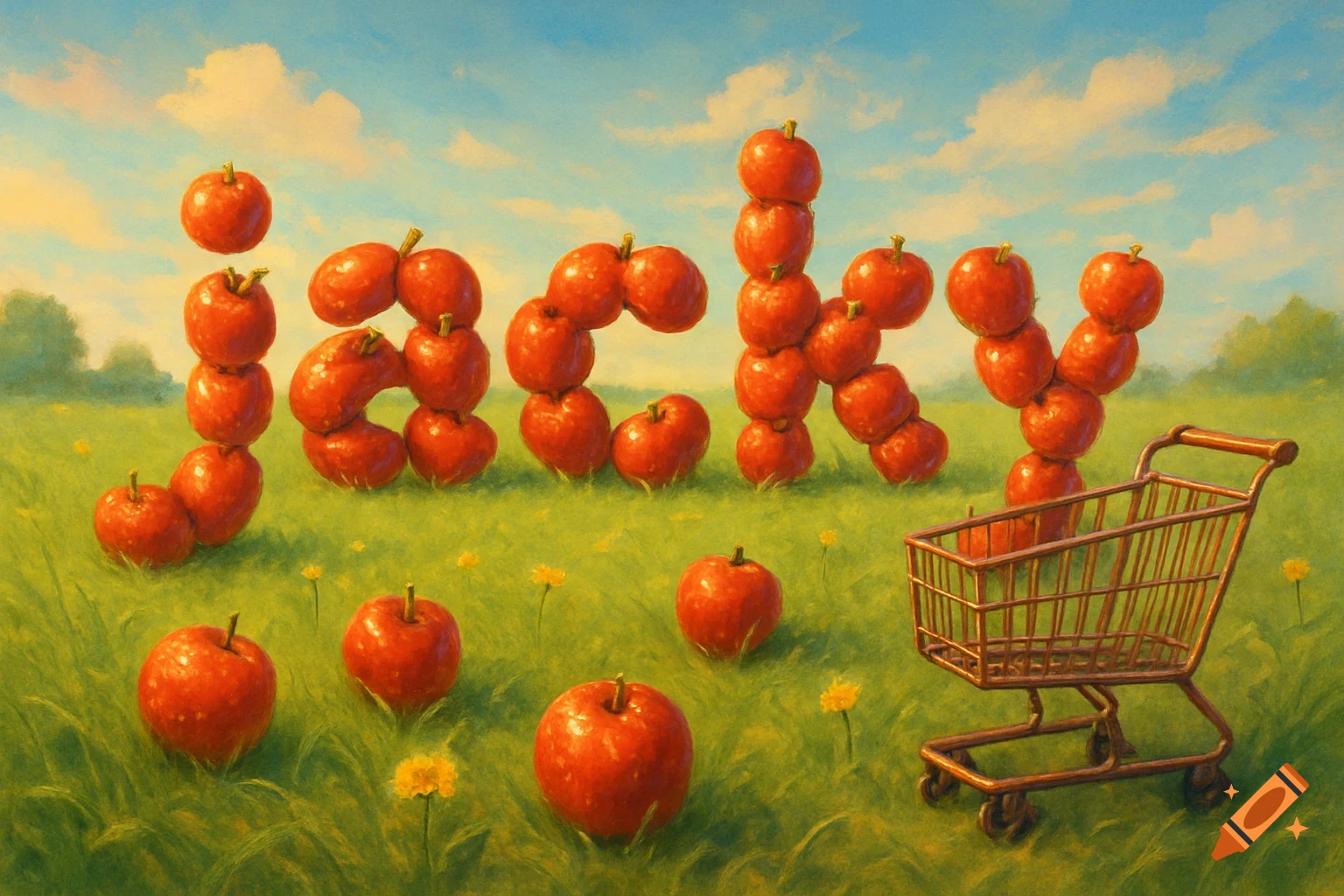 The word "jacky" formed by red apples stands in a grassy field with yellow flowers and a shopping cart, in a painterly style.