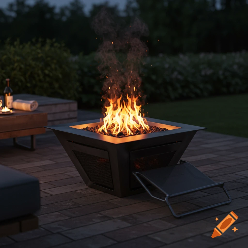 A square metal fire pit with a roaring fire and a mesh leg rest on a stone patio at night.