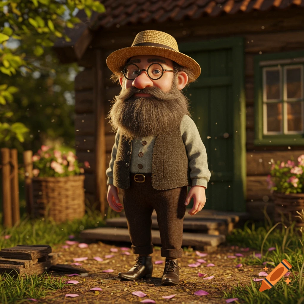 A 3D rendered cartoon character of an old man with a long grey beard, round glasses, and a straw hat, standing in front of a rustic wooden house.