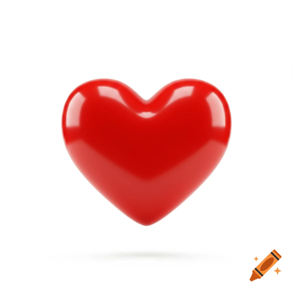 A glossy, bright red heart with subtle reflections, floating slightly above a pure white background.