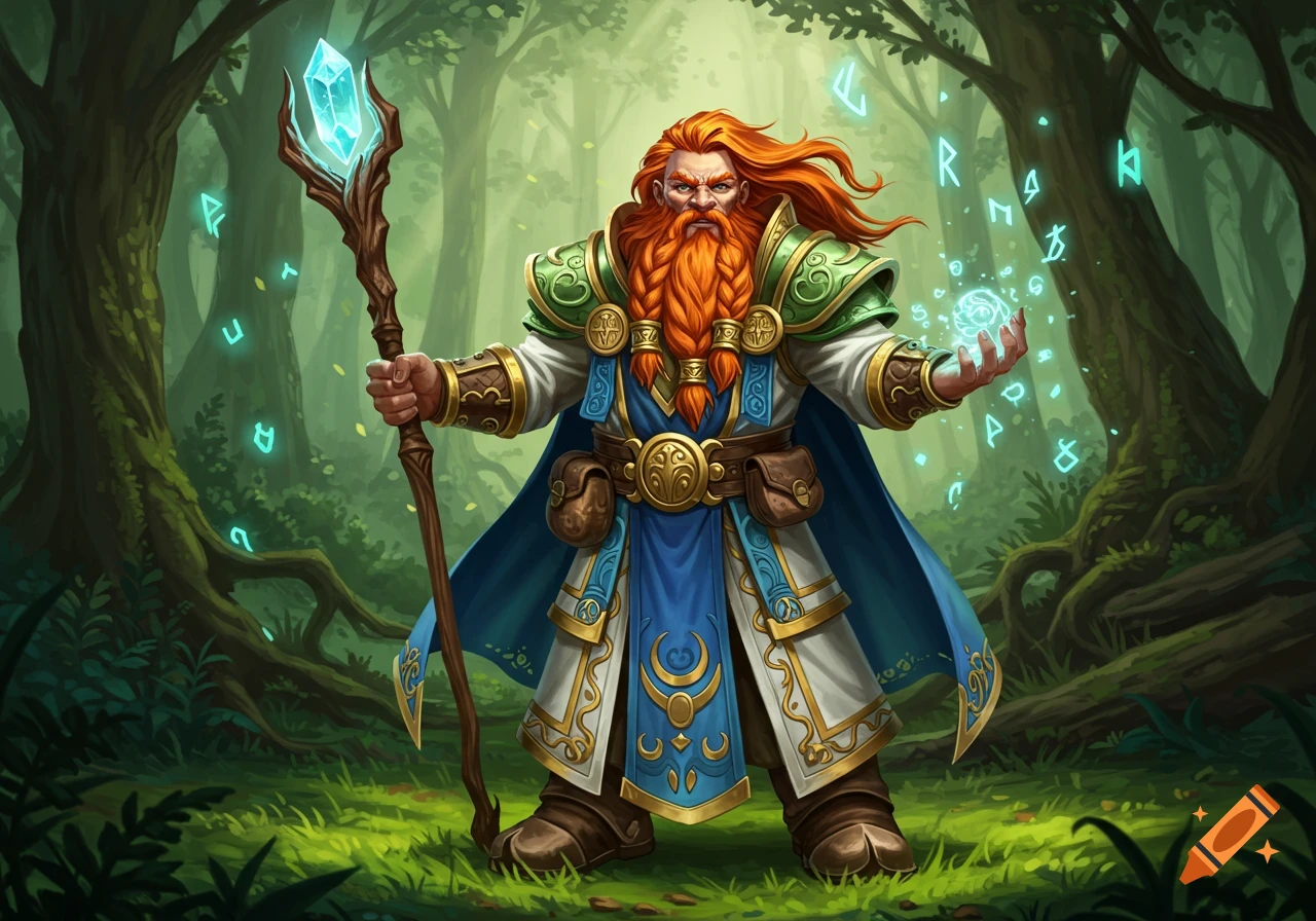 A red-headed dwarf wizard in white, blue, and green robes holds a glowing staff and a magic orb surrounded by floating runes in a mystical forest.