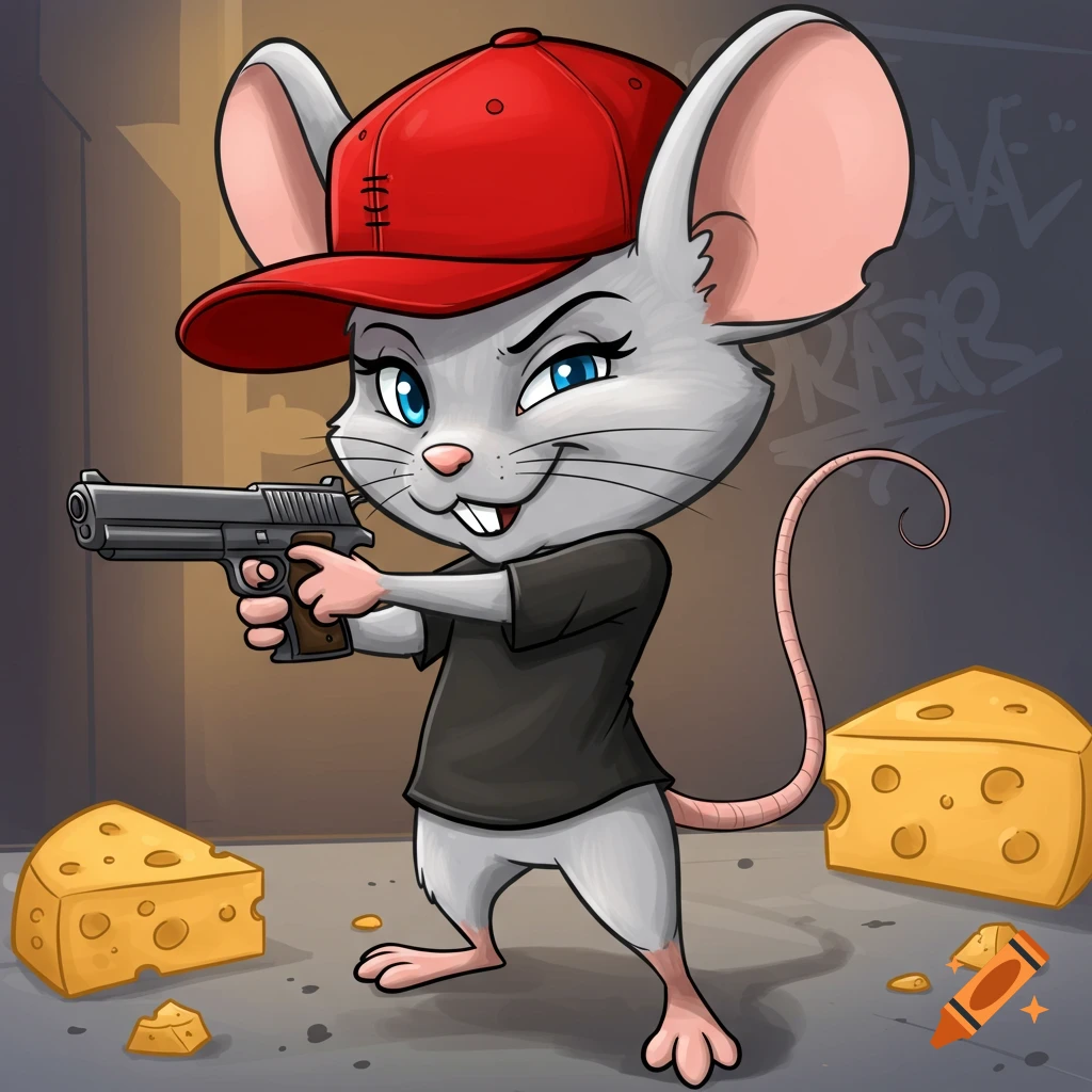A cartoon female mouse in a red backwards baseball cap and black shirt holds a pistol, standing by cheese in an urban setting.