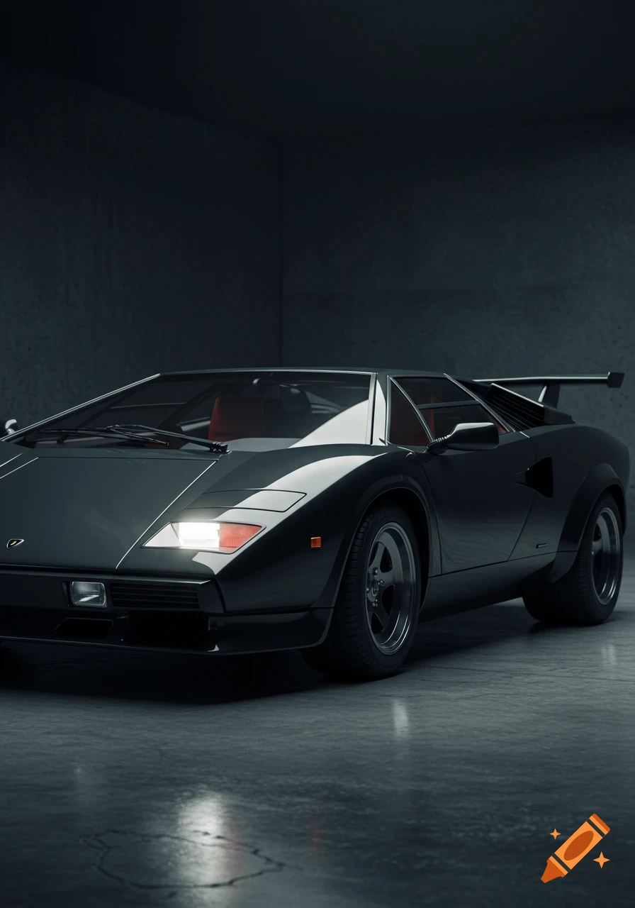 A sleek, dark gray Lamborghini Countach with bright headlights sits in a moody, minimalist concrete garage, shown from a front-quarter angle.