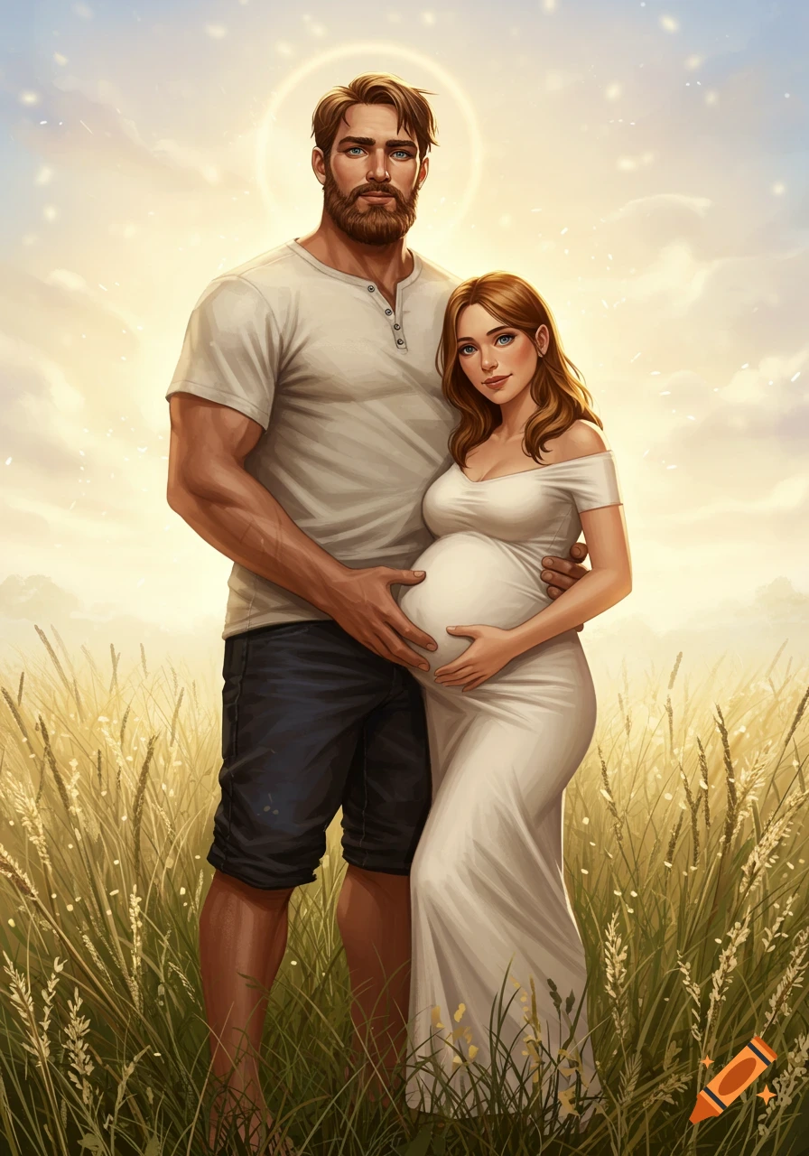 An illustrated pregnant couple, the man embracing the woman's belly, standing in a golden wheat field under a bright sky.