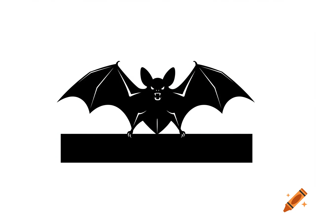 A black silhouette of an angry bat with fangs and outstretched wings perched on a black bar.