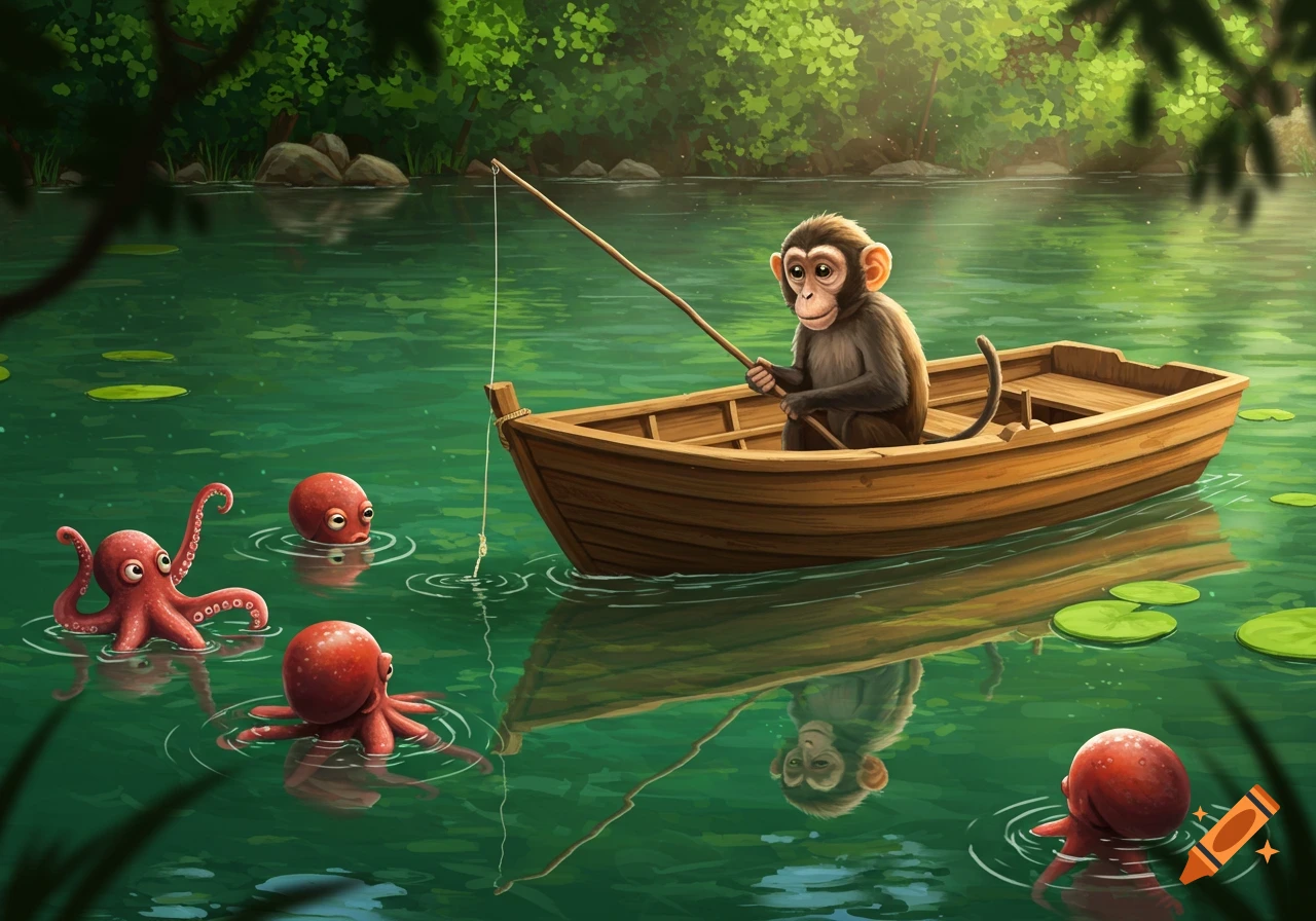 A cartoon monkey fishes from a small wooden boat in a green lake, surrounded by three curious red octopuses.
