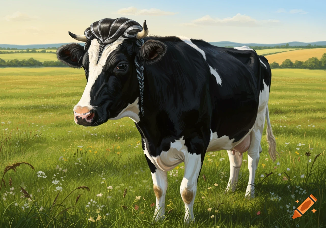 A photorealistic black and white cow with a fancy braided hairstyle stands in a sunny green field.