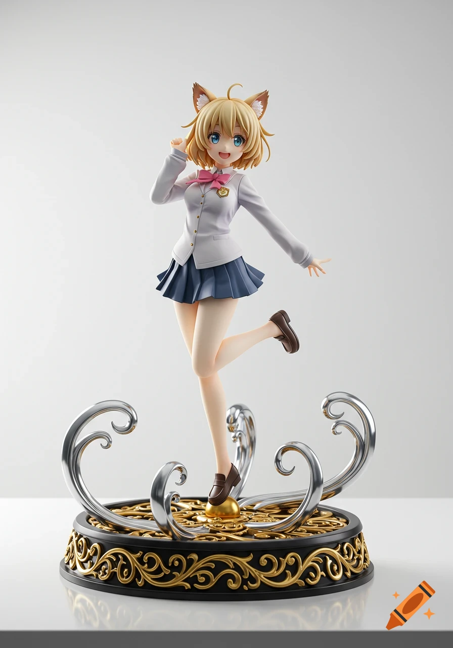 Photorealistic image of an anime cat-girl figurine with blonde hair in a school uniform, standing on an ornate base against a white background.