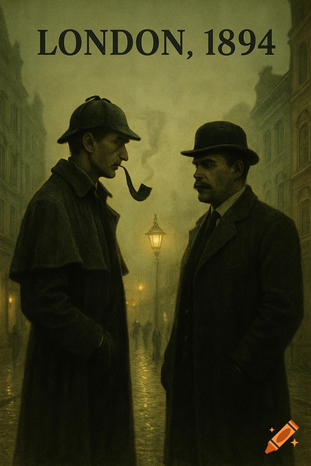 Illustration of Sherlock Holmes and Dr. Watson in a foggy 1894 London street with gas lamps, in a moody, green-toned style.