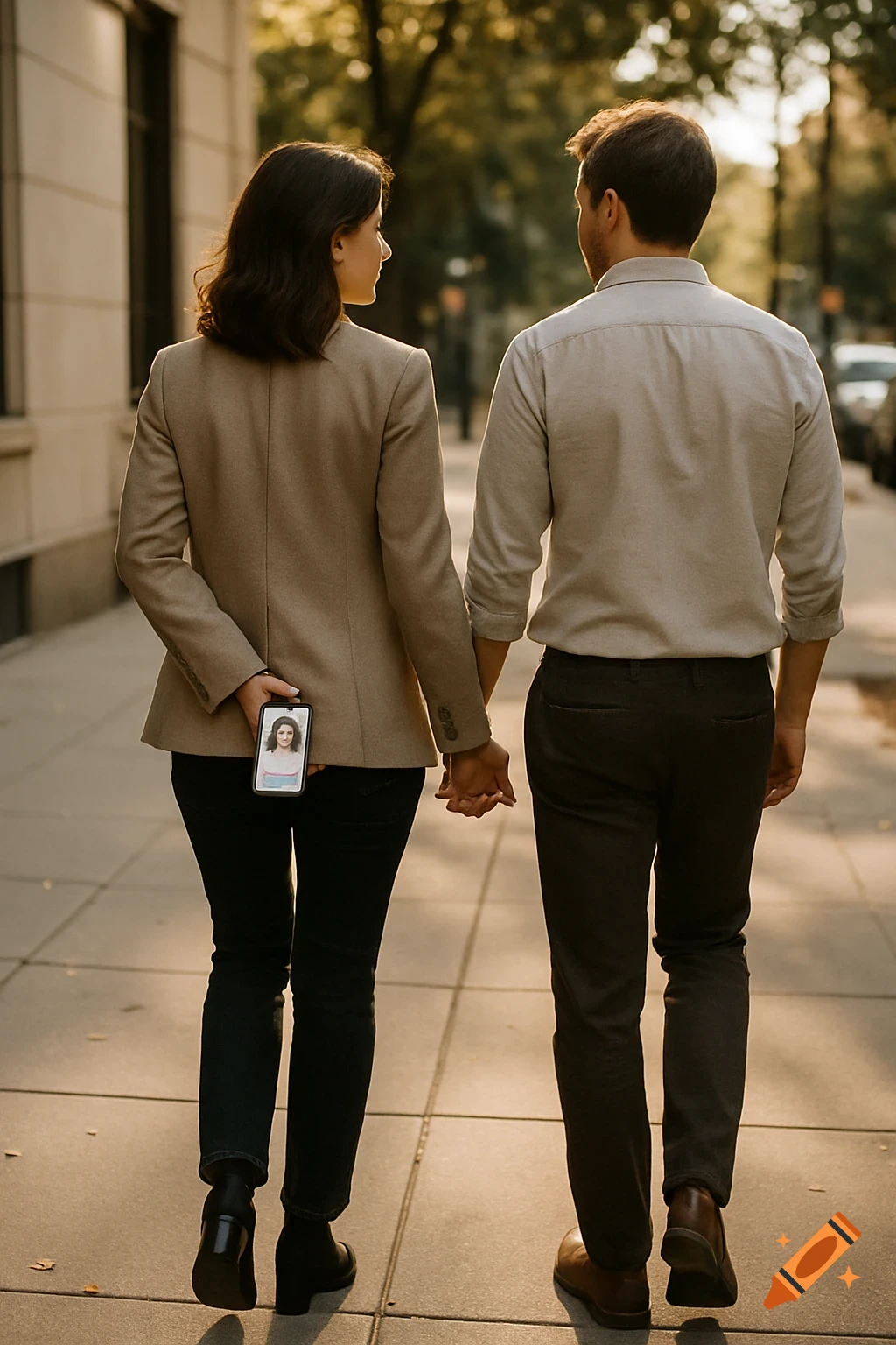 A couple holding hands walks away on a city sidewalk; the woman secretly holds a phone with a dating app profile behind her back.
