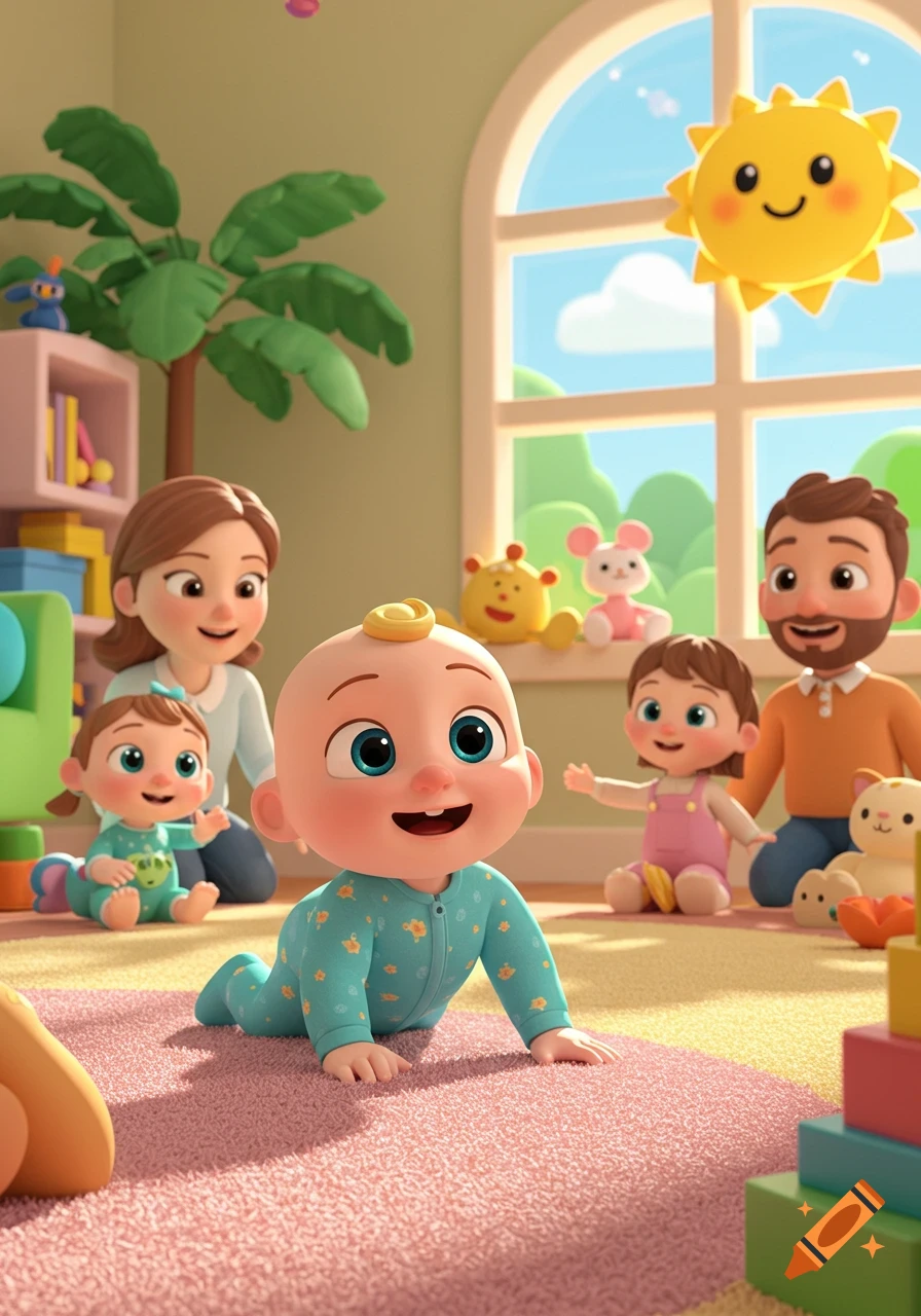 A cartoon baby crawls on a pink rug, with its family and toys in a colorful nursery, in a style similar to Cocomelon.