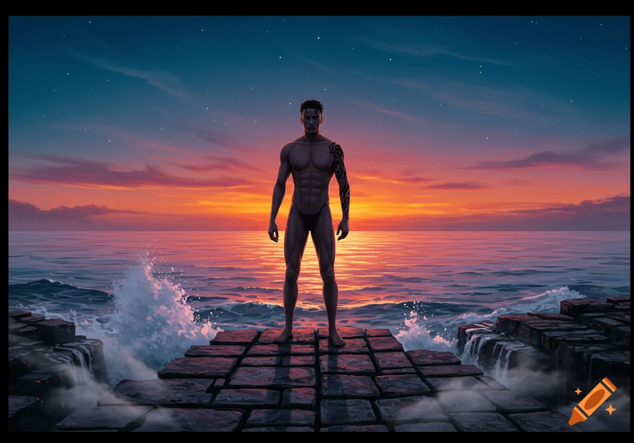 A muscular man with tattoos stands on stone platforms at the ocean's edge during a vibrant sunset, digital art.