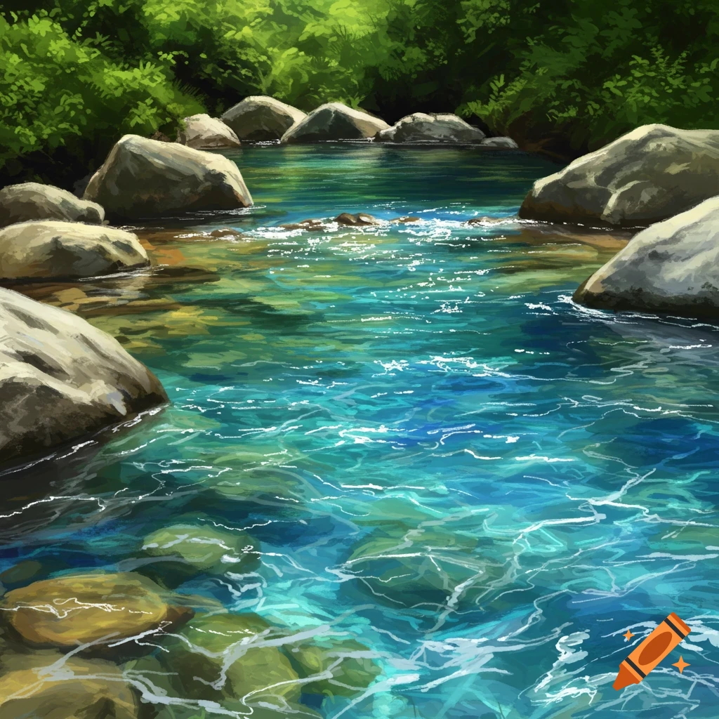 Vibrant blue-green river flowing through large rocks and lush green trees in a painterly style.
