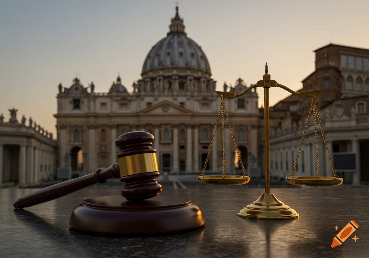 A wooden gavel and a golden scale of justice in the foreground, with the Vatican and its dome in the background at sunset, photorealistic.