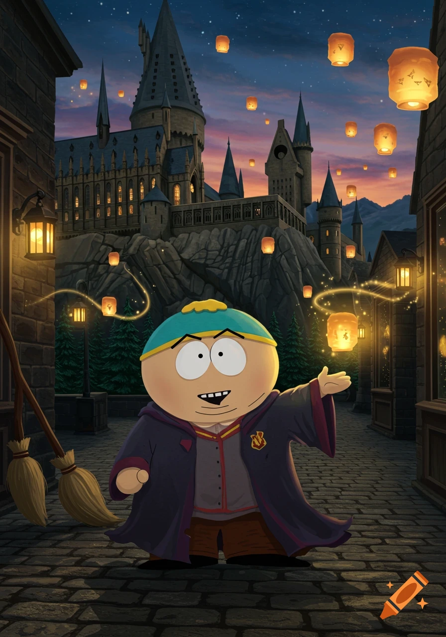 Eric Cartman dressed in a wizard robe with a crest, standing on a cobblestone street with brooms, in front of Hogwarts castle and floating lanterns at dusk in a cartoon style.