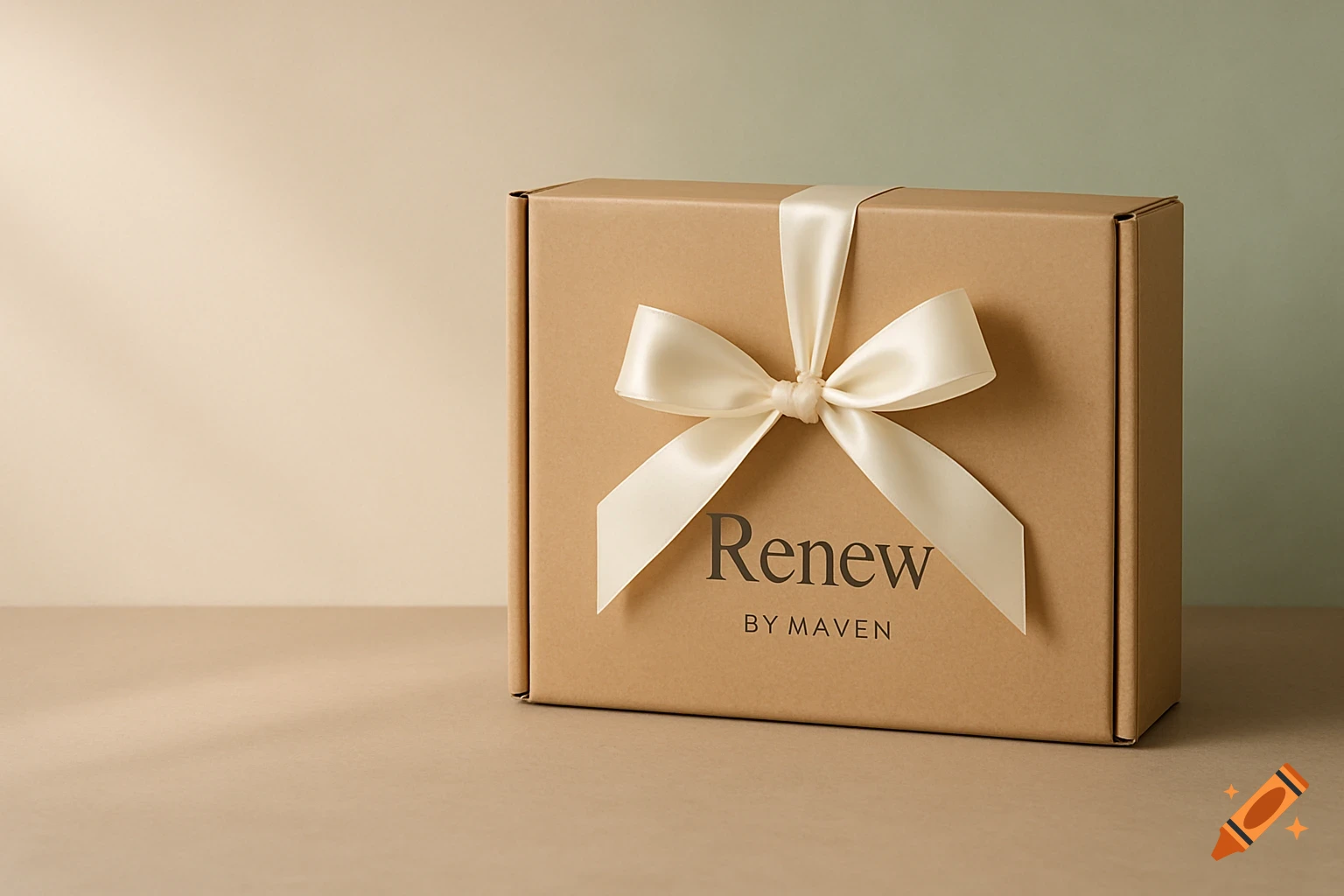 A brown subscription box with a cream satin bow and 'Renew BY MAVEN' text, set against a neutral, calming background.