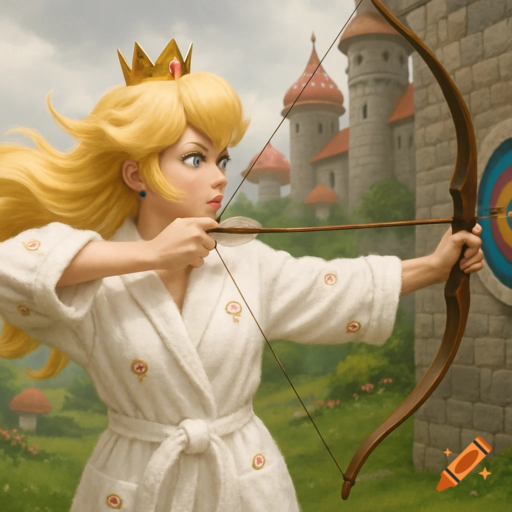 Princess Peach, wearing a white bathrobe with mushroom logos, aims a bow and arrow at a target with a castle in the background.