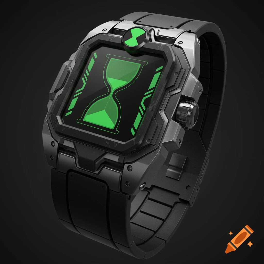 A sleek, black and grey futuristic Omnitrix wristwatch with a vibrant green hourglass symbol on its display screen.