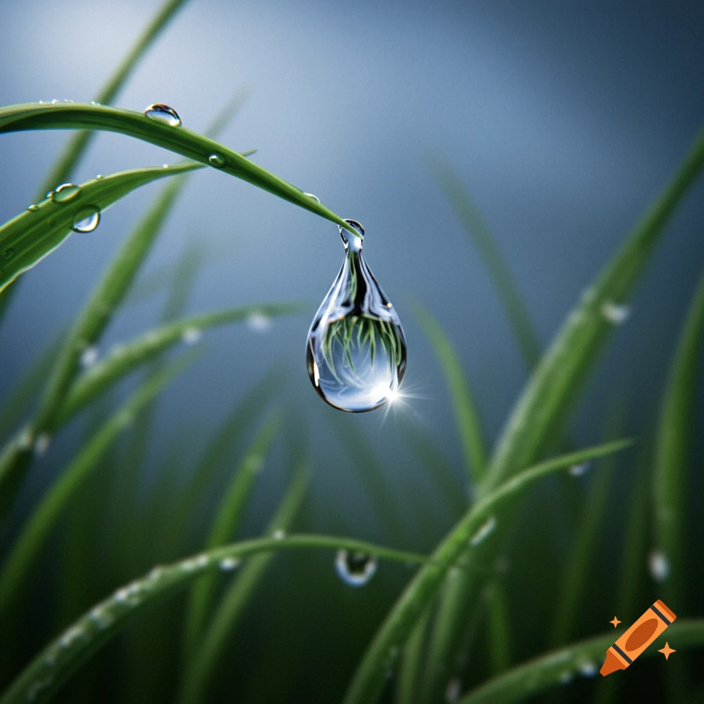 A photorealistic macro shot of a single water droplet clinging to a blade of grass, reflecting green grass.
