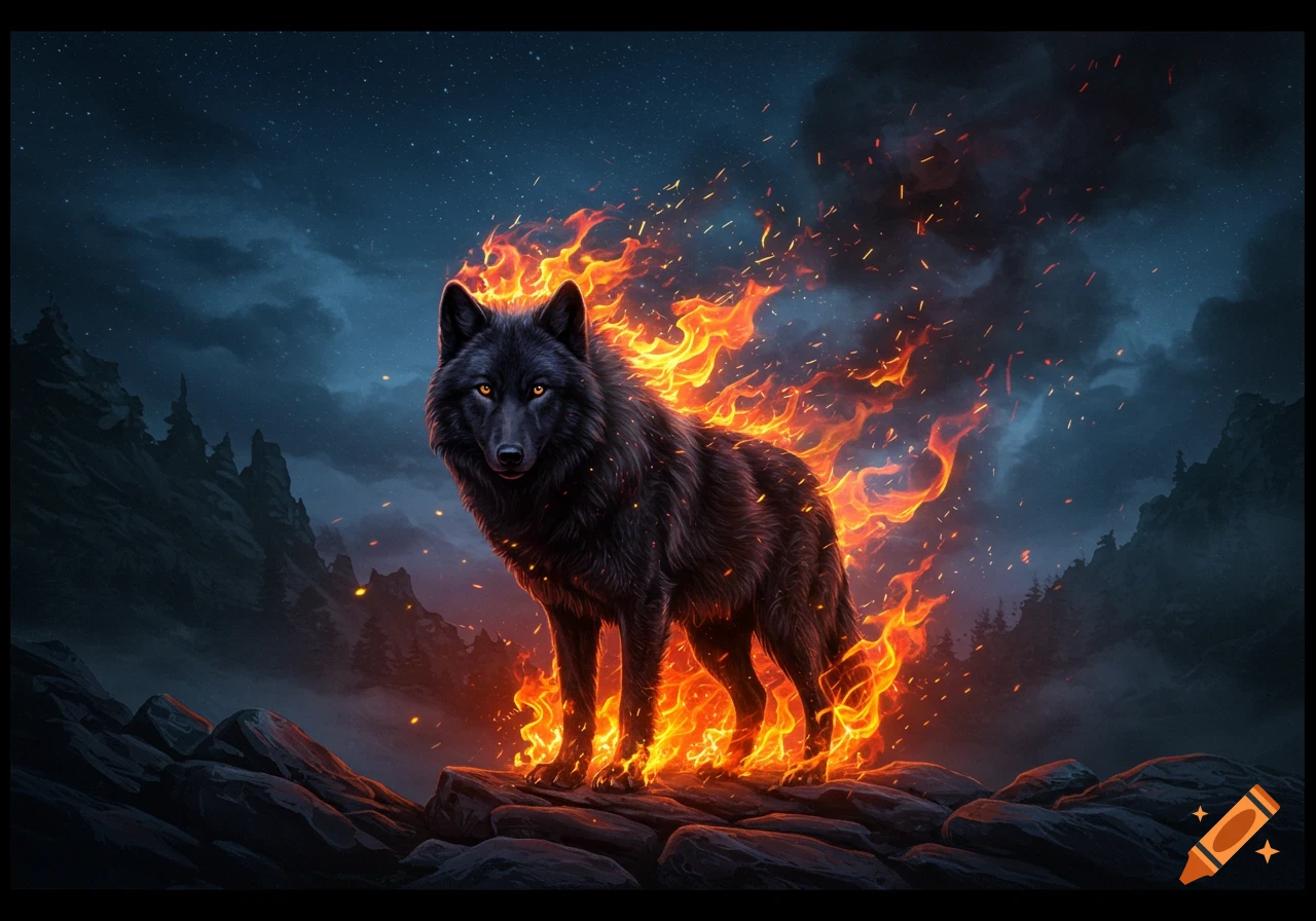 A black wolf with glowing orange eyes stands on rocks, engulfed in flames, under a dark, starry night sky with mountains.