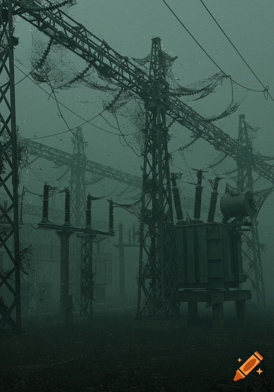 An abandoned electrical substation with power lines and transformers draped in thick cobwebs, shrouded in fog under mysterious lighting.