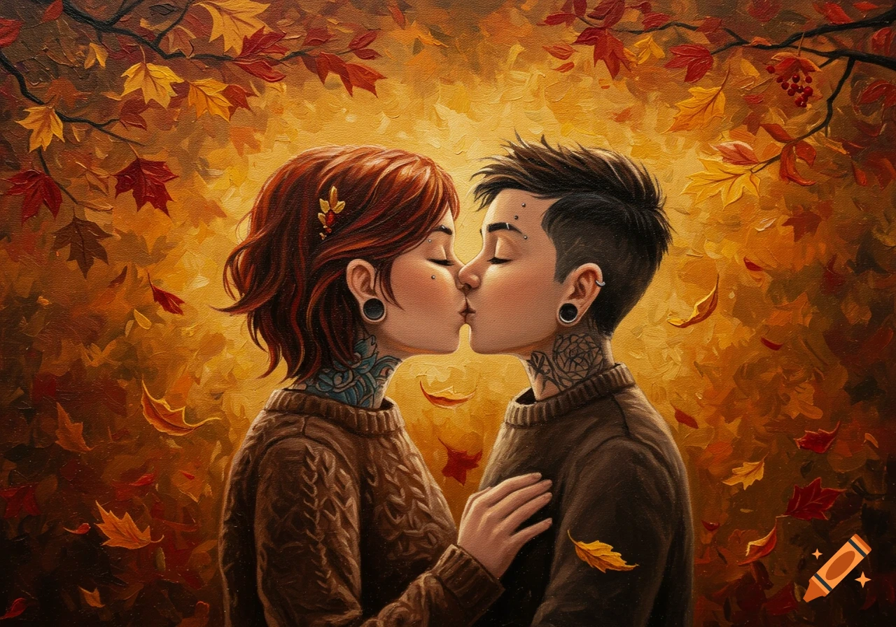 An oil painting of two people with tattoos and piercings kissing against a warm, autumnal background with falling leaves.