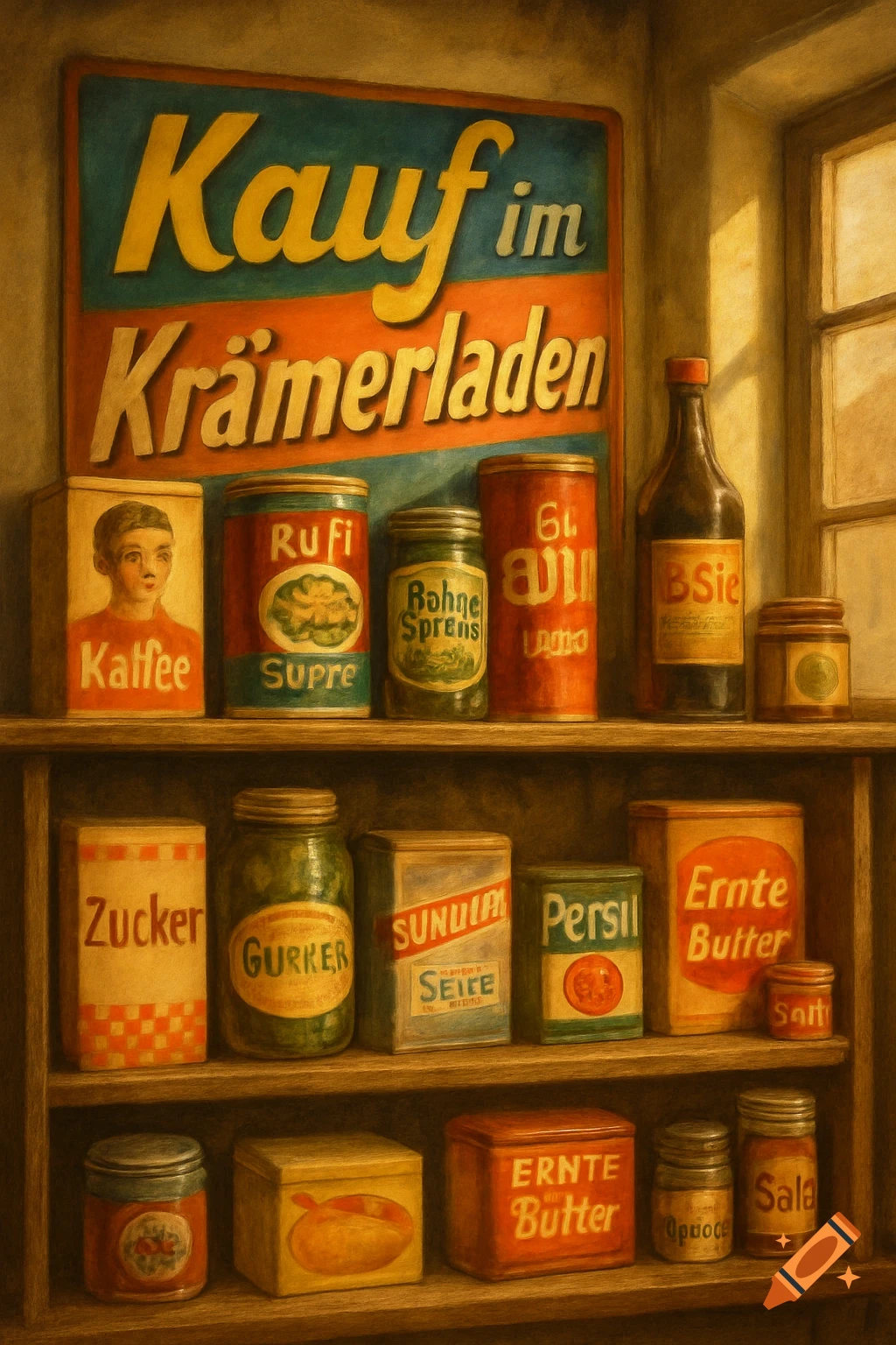 A photorealistic painting of a vintage German general store shelf with various packaged goods and a large sign in the background.