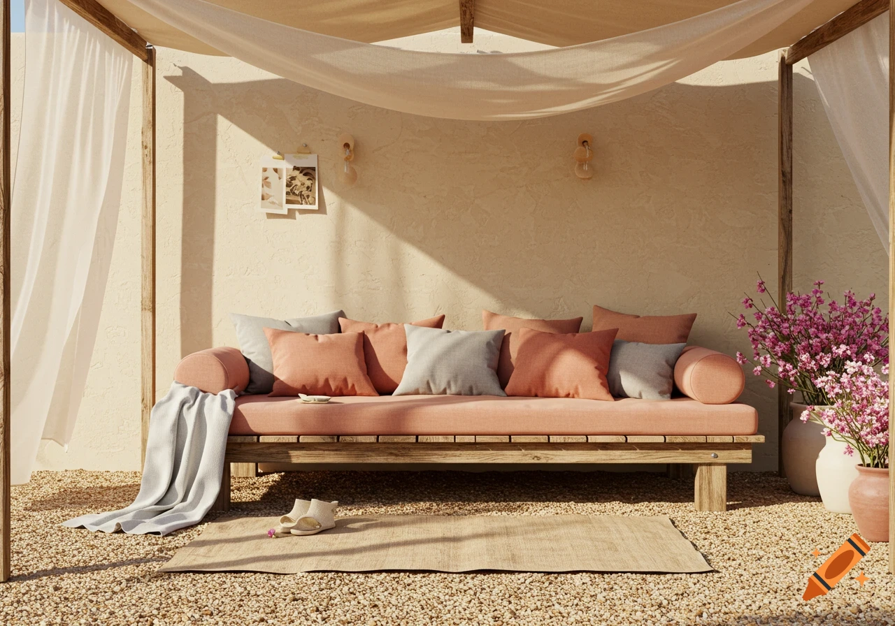 Photorealistic outdoor lounge with a wooden daybed, salmon/grey pillows, a white blanket, and pink flowers on gravel under a canopy.