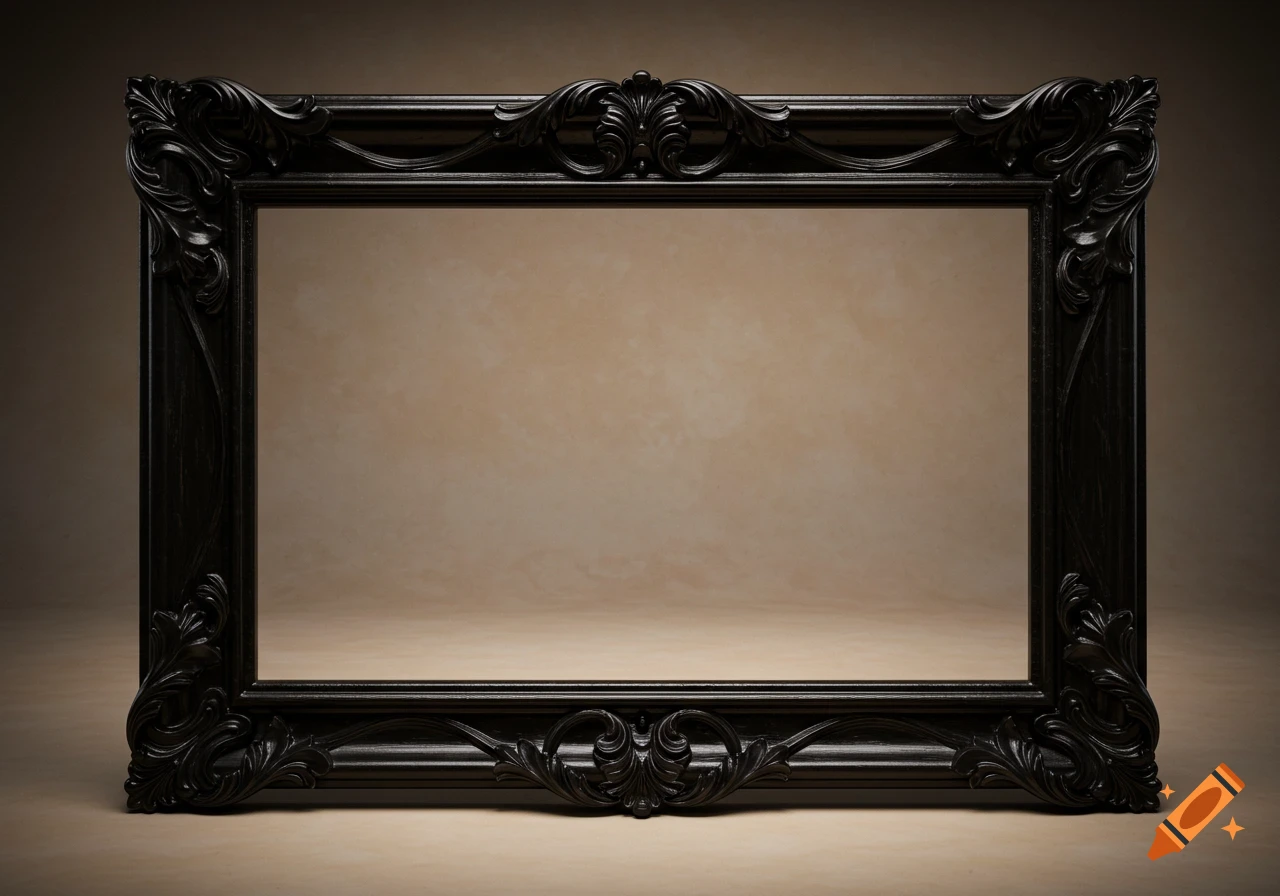 A black, ornate ebony wood picture frame with intricate carvings rests on a neutral studio background.