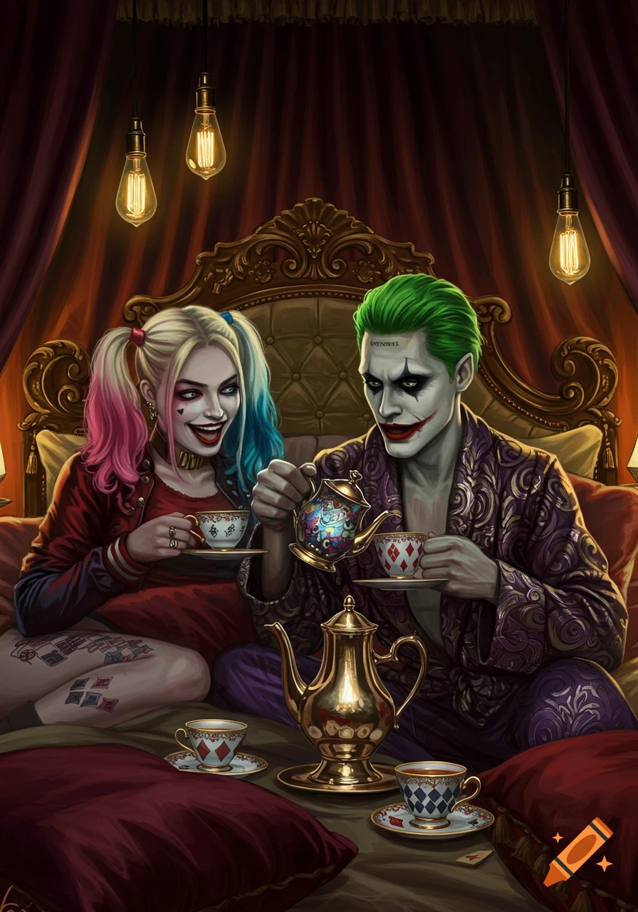 Harley Quinn and Joker in bed, Harley smiles while Joker pours tea from a colorful pot in a rich, illustrative style.
