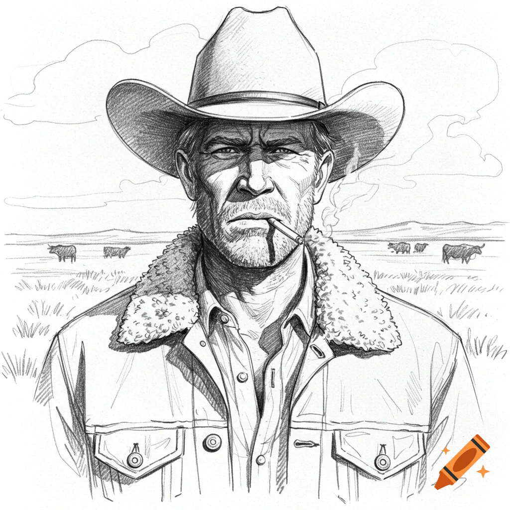 Pencil sketch of a cowboy in a hat and wool-lined jacket, smoking a cigarette on a prairie with cattle and clouds in the background.