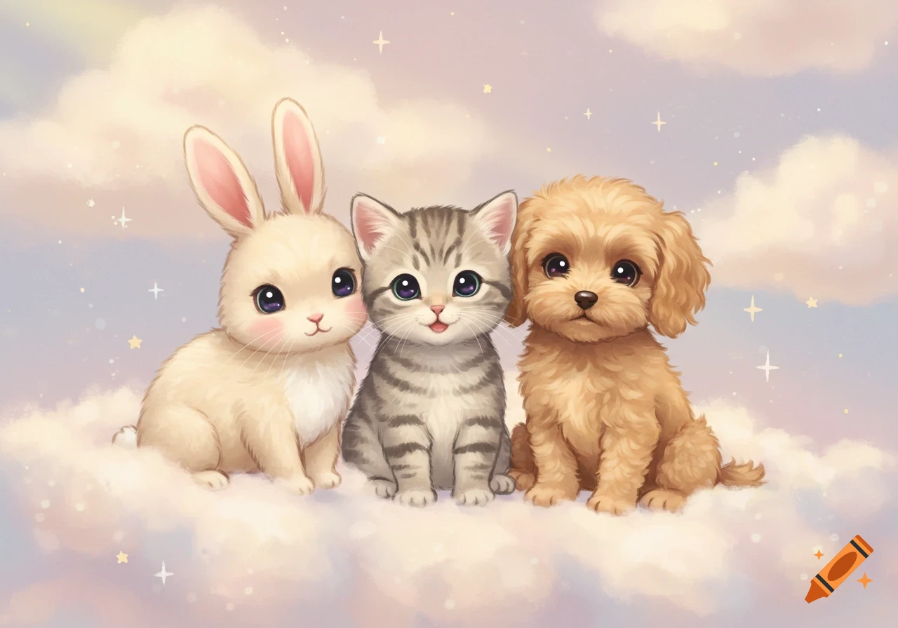 A cute cartoon bunny, kitten, and puppy sit together on soft white clouds in a pastel sky with tiny twinkling stars.
