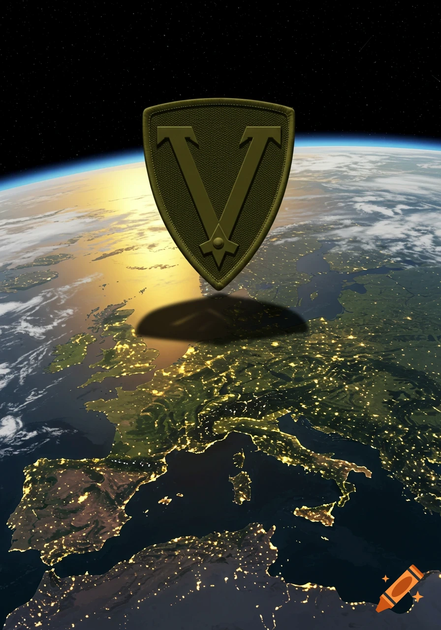 An olive-green shield with a stylized 'V' emblem floats above a nighttime view of Europe and North Africa from space.