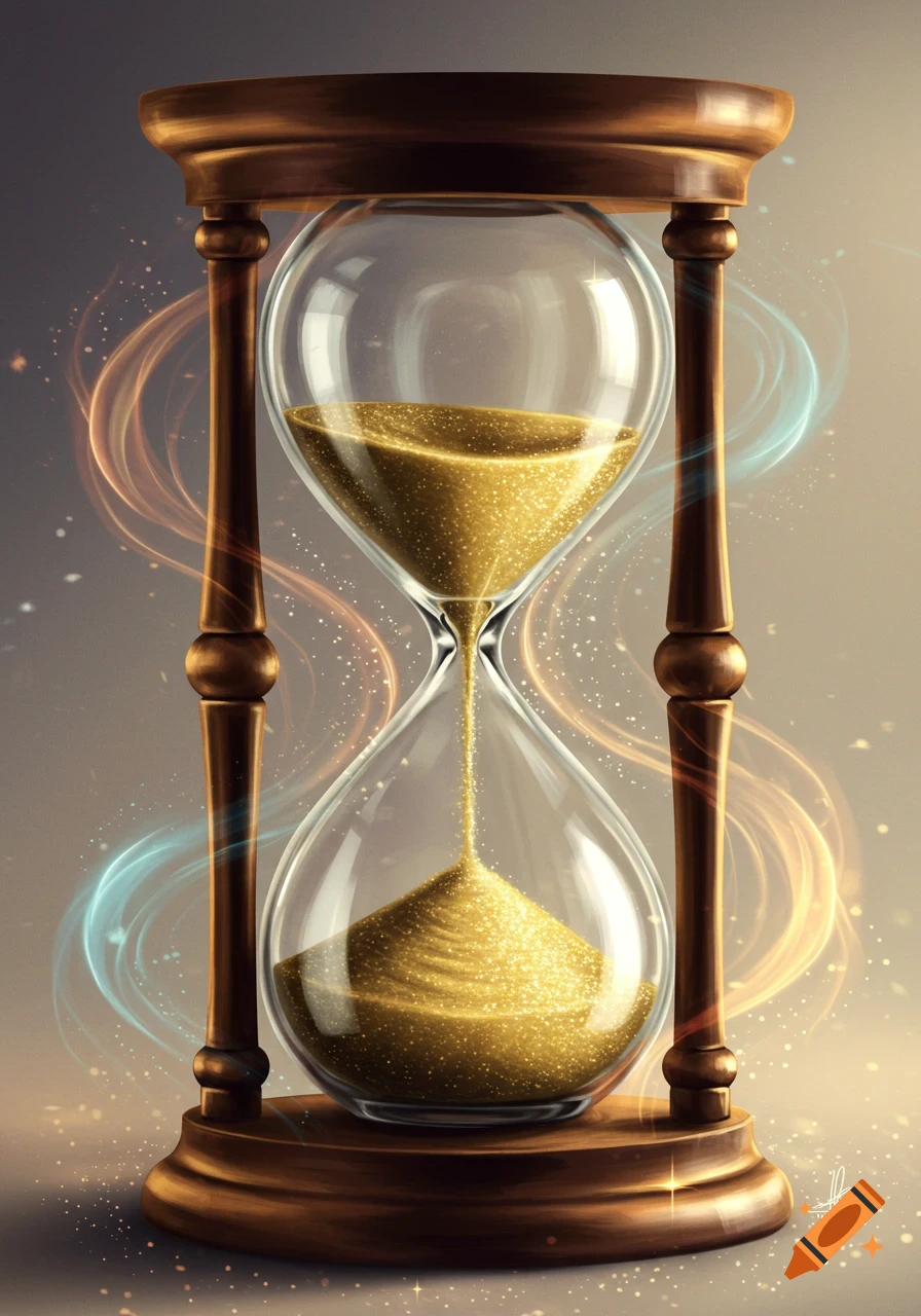 An ornate hourglass with shimmering golden sand falling through, surrounded by glowing magical energy and light particles.