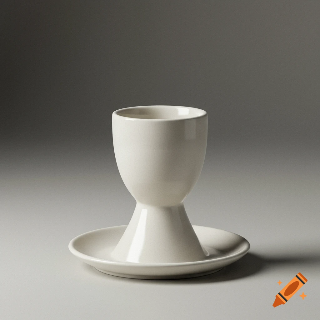 A minimalist white ceramic egg cup with a conical holder and flat base, under soft studio lighting on a neutral background.
