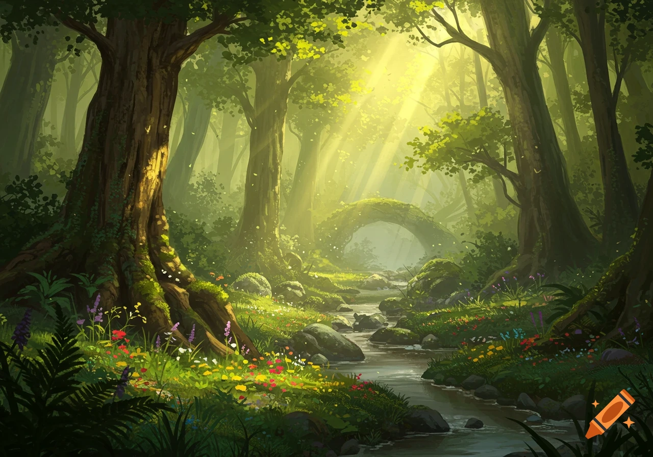 A vibrant fantasy forest with dappled sunlight streaming through tall ...