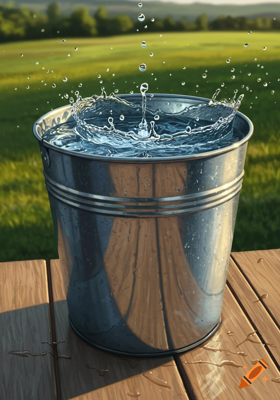 A metal bucket full of splashing water on a wooden table, with a green field in the background.