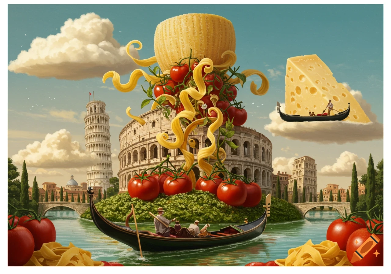 A surreal Italian landscape with a cheese wheel on the Colosseum, pasta, tomatoes, the Leaning Tower of Pisa, and gondolas.