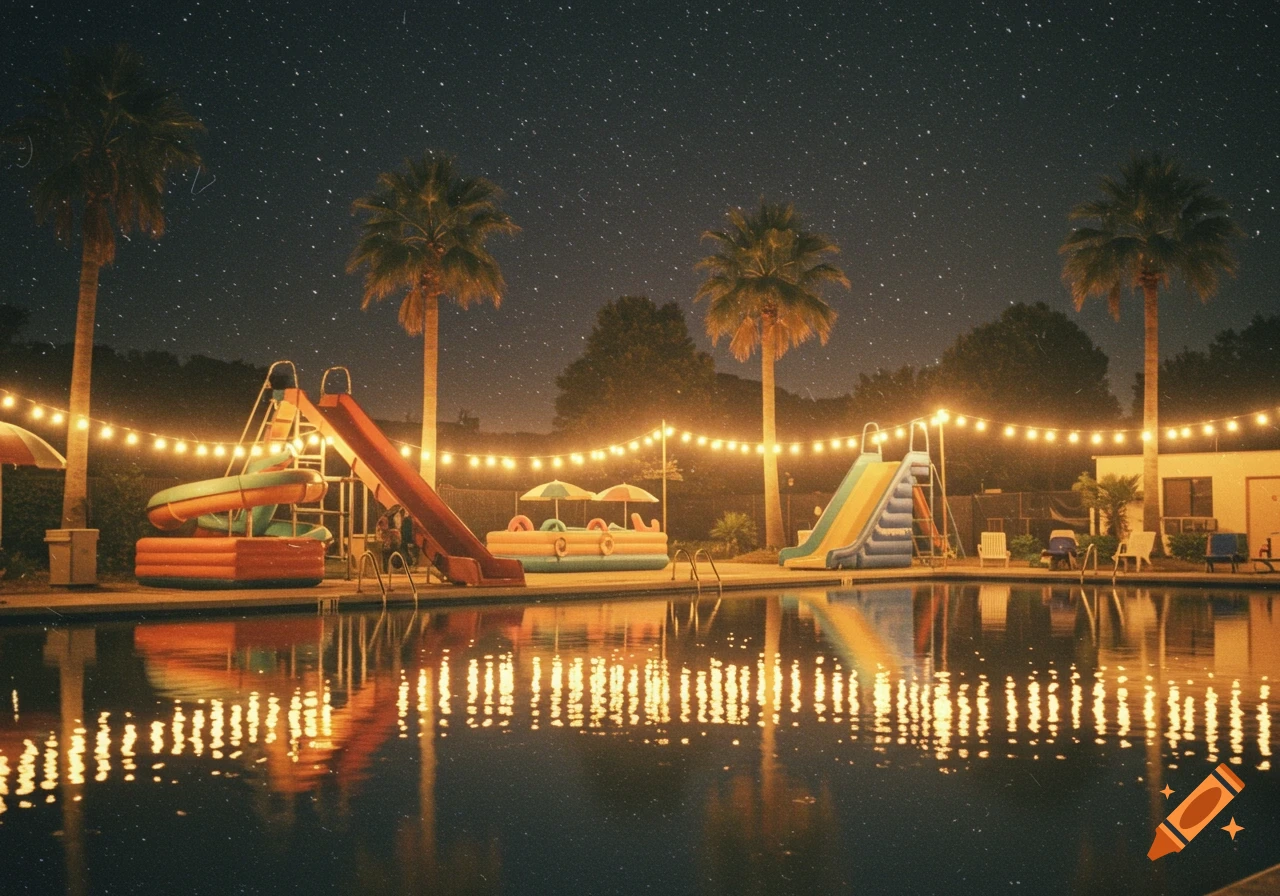 Nostalgic night view of a swimming pool with illuminated water slides, palm trees, and string lights reflecting in the water under a starry sky.