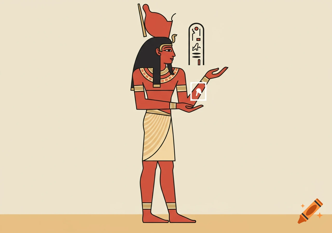 A flat, minimalist vector illustration of an ancient Egyptian man in profile with a headdress and kilt, presenting open hands, alongside hieroglyphics.
