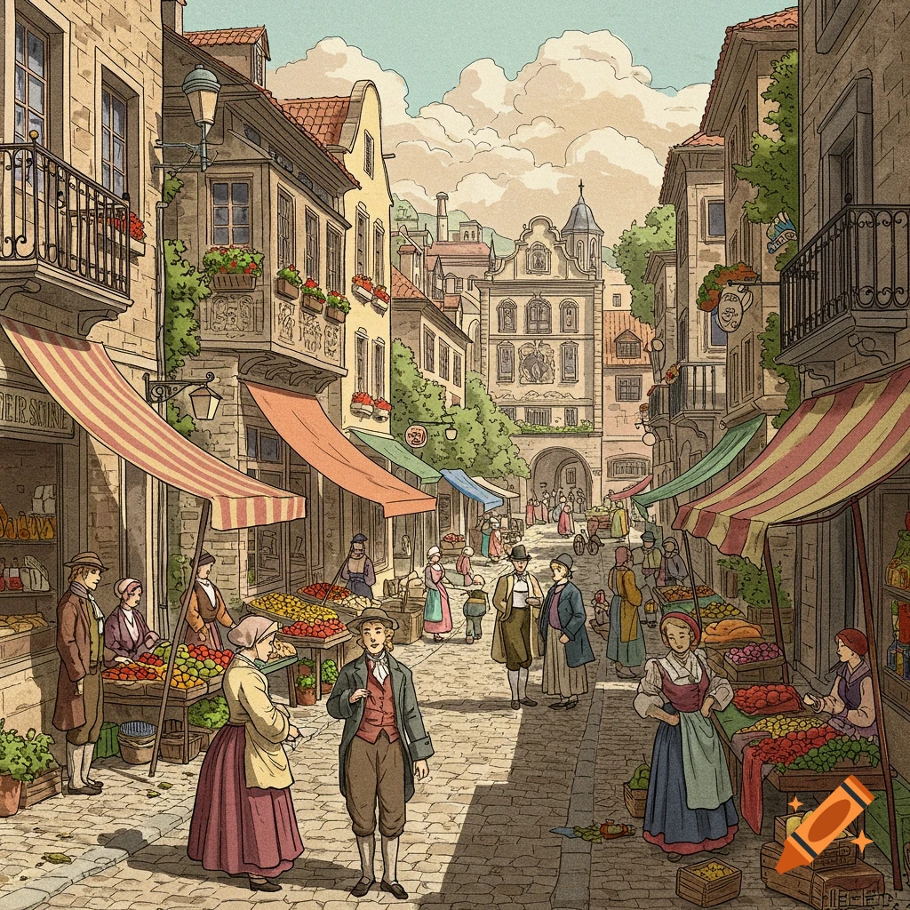 An illustration of a bustling market street in an old European town, with people browsing fruit stalls and buildings with awnings.